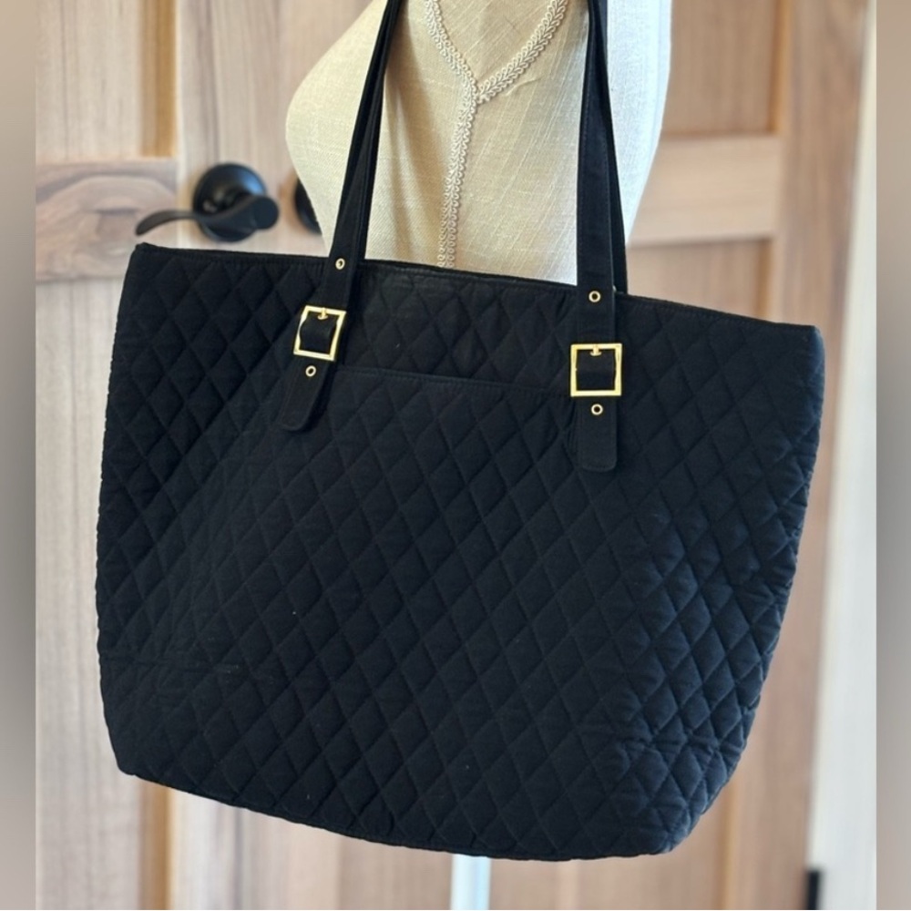 Vera Bradley Elegant Black Quilted Tote Bag with gold buckles